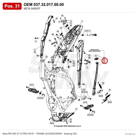 BETA INSERT – OEM 037.32.017.00.00, position 31 on the Beta RR 250 2T X-PRO MY27 frame accessories drawing