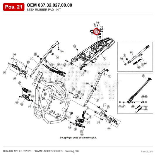 BETA RUBBER PAD - KIT – OEM 037.32.027.00.00, position 21 on the Beta RR 125 4T R 2025 frame accessories drawing