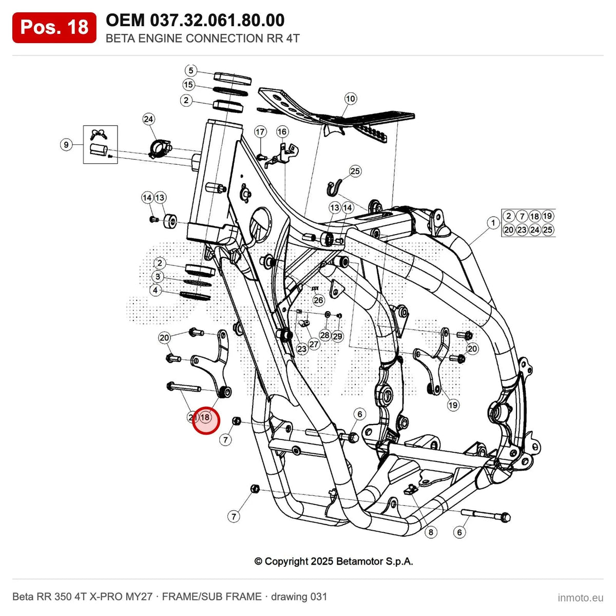 BETA ENGINE CONNECTION RR 4T – OEM 037.32.061.80.00, position 18 on the Beta RR 350 4T X-PRO MY27 frame/sub frame drawing