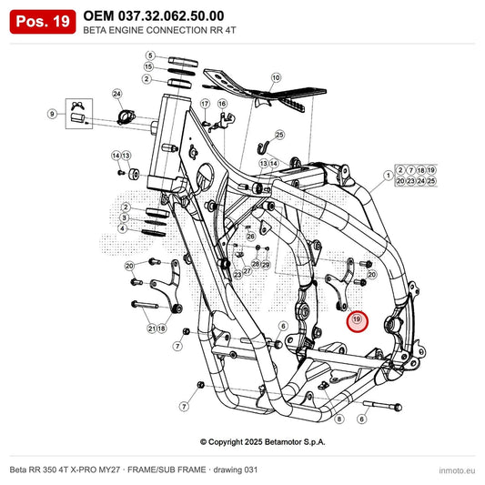 BETA ENGINE CONNECTION RR 4T – OEM 037.32.062.50.00, position 19 on the Beta RR 350 4T X-PRO MY27 frame/sub frame drawing