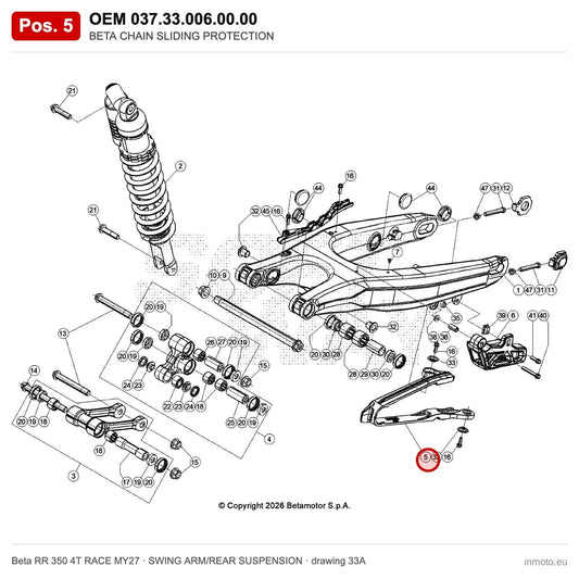 BETA CHAIN SLIDING PROTECTION – OEM 037.33.006.00.00, position 5 on the Beta RR 350 4T RACE MY27 swing arm/rear suspension drawing