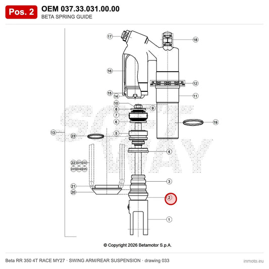 BETA SPRING GUIDE – OEM 037.33.031.00.00, position 2 on the Beta RR 350 4T RACE MY27 swing arm/rear suspension drawing