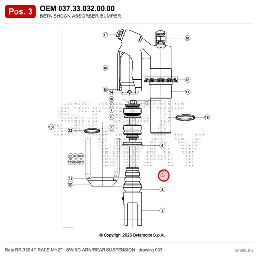 BETA SHOCK ABSORBER BUMPER – OEM 037.33.032.00.00, position 3 on the Beta RR 350 4T RACE MY27 swing arm/rear suspension drawing