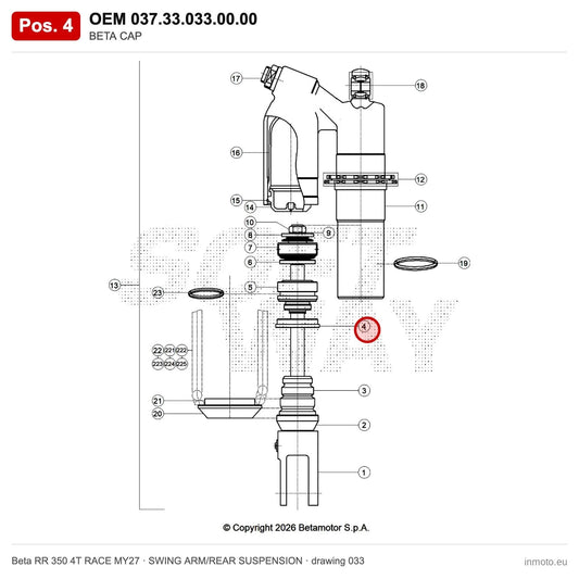 BETA CAP – OEM 037.33.033.00.00, position 4 on the Beta RR 350 4T RACE MY27 swing arm/rear suspension drawing