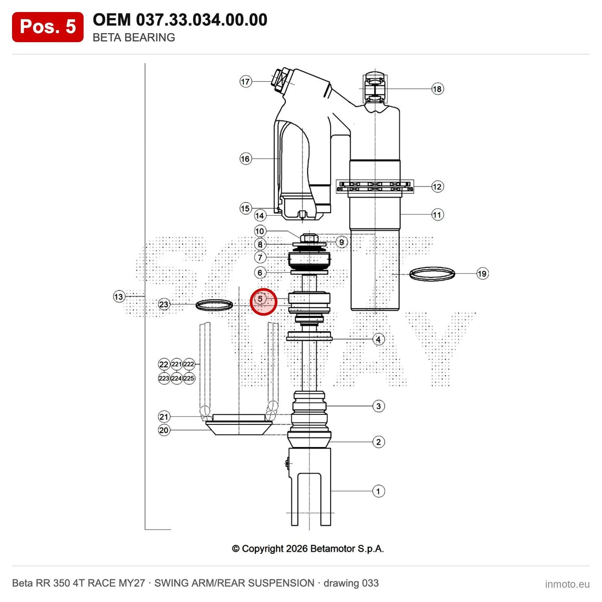 BETA BEARING – OEM 037.33.034.00.00, position 5 on the Beta RR 350 4T RACE MY27 swing arm/rear suspension drawing