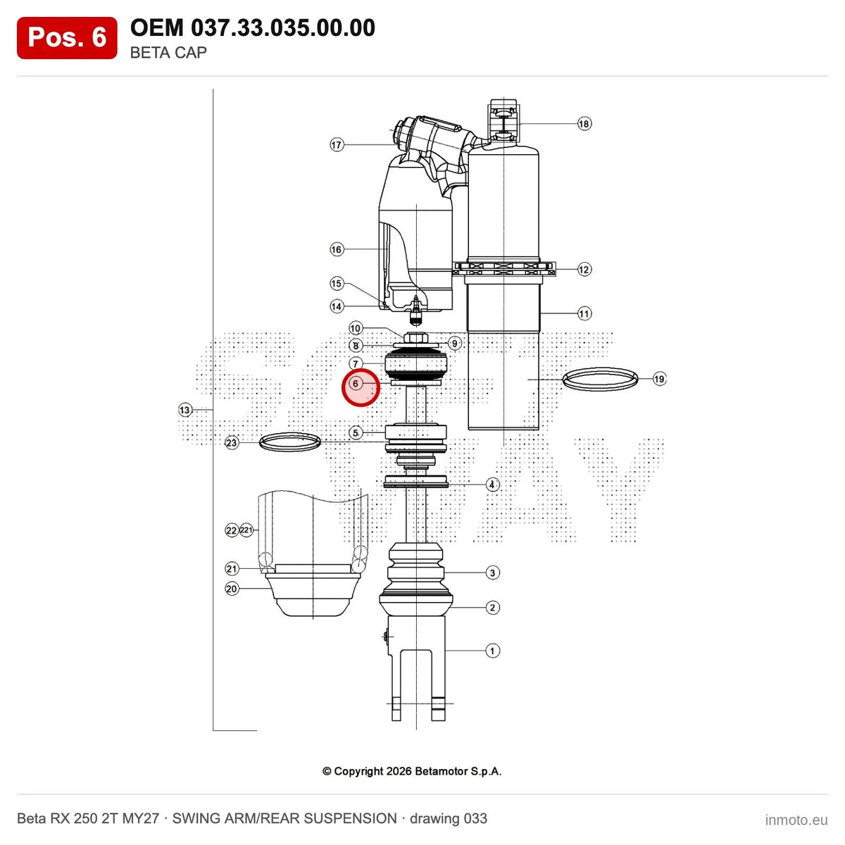 BETA CAP – OEM 037.33.035.00.00, position 6 on the Beta RX 250 2T MY27 swing arm/rear suspension drawing