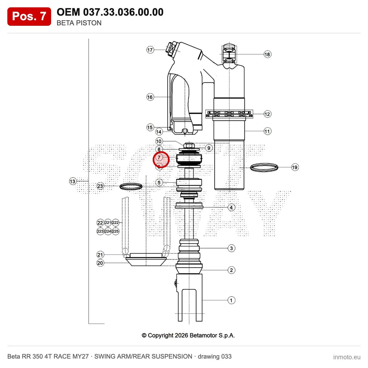 BETA PISTON – OEM 037.33.036.00.00, position 7 on the Beta RR 350 4T RACE MY27 swing arm/rear suspension drawing