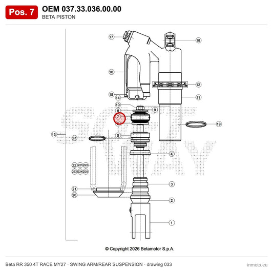 BETA PISTON – OEM 037.33.036.00.00, position 7 on the Beta RR 350 4T RACE MY27 swing arm/rear suspension drawing