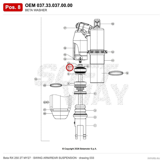 BETA WASHER – OEM 037.33.037.00.00, position 8 on the Beta RX 250 2T MY27 swing arm/rear suspension drawing