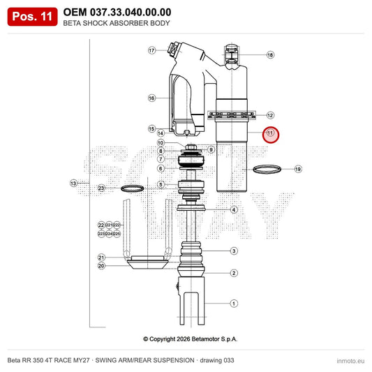 BETA SHOCK ABSORBER BODY – OEM 037.33.040.00.00, position 11 on the Beta RR 350 4T RACE MY27 swing arm/rear suspension drawing