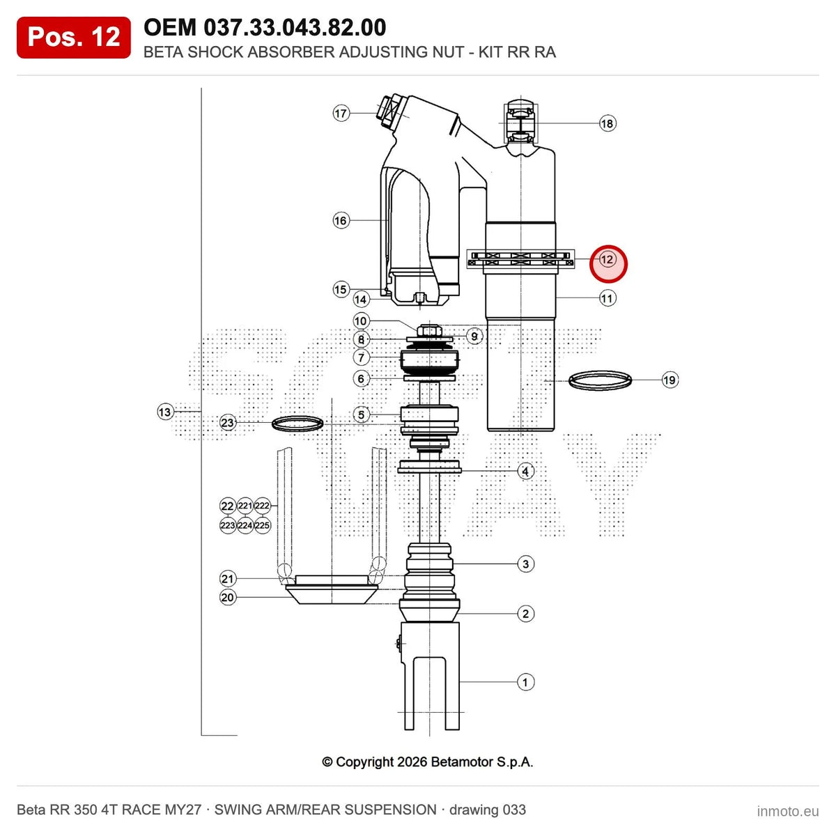 BETA SHOCK ABSORBER ADJUSTING NUT - KIT RR RA – OEM 037.33.043.82.00, position 12 on the Beta RR 350 4T RACE MY27 swing arm/rear suspension drawing