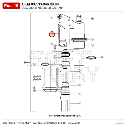 BETA SHOCK ABSORBER GAS TANK – OEM 037.33.046.00.00, position 16 on the Beta RR 350 4T RACE MY27 swing arm/rear suspension drawing