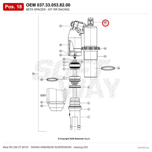 BETA SPACER - KIT RR RACING – OEM 037.33.053.82.00, position 18 on the Beta RX 250 2T MY27 swing arm/rear suspension drawing