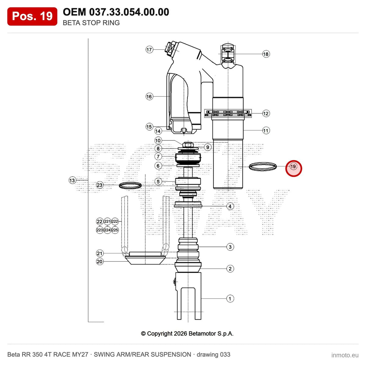 BETA STOP RING – OEM 037.33.054.00.00, position 19 on the Beta RR 350 4T RACE MY27 swing arm/rear suspension drawing
