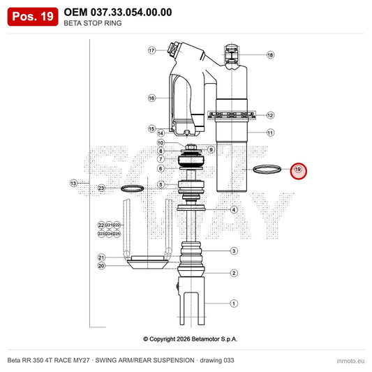BETA STOP RING – OEM 037.33.054.00.00, position 19 on the Beta RR 350 4T RACE MY27 swing arm/rear suspension drawing