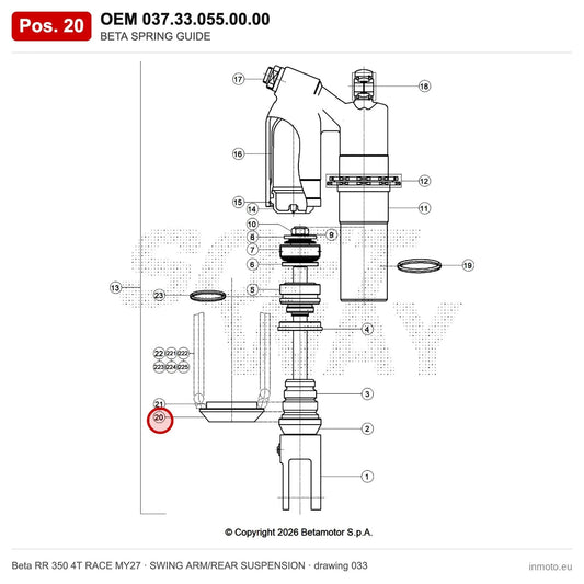 BETA SPRING GUIDE – OEM 037.33.055.00.00, position 20 on the Beta RR 350 4T RACE MY27 swing arm/rear suspension drawing