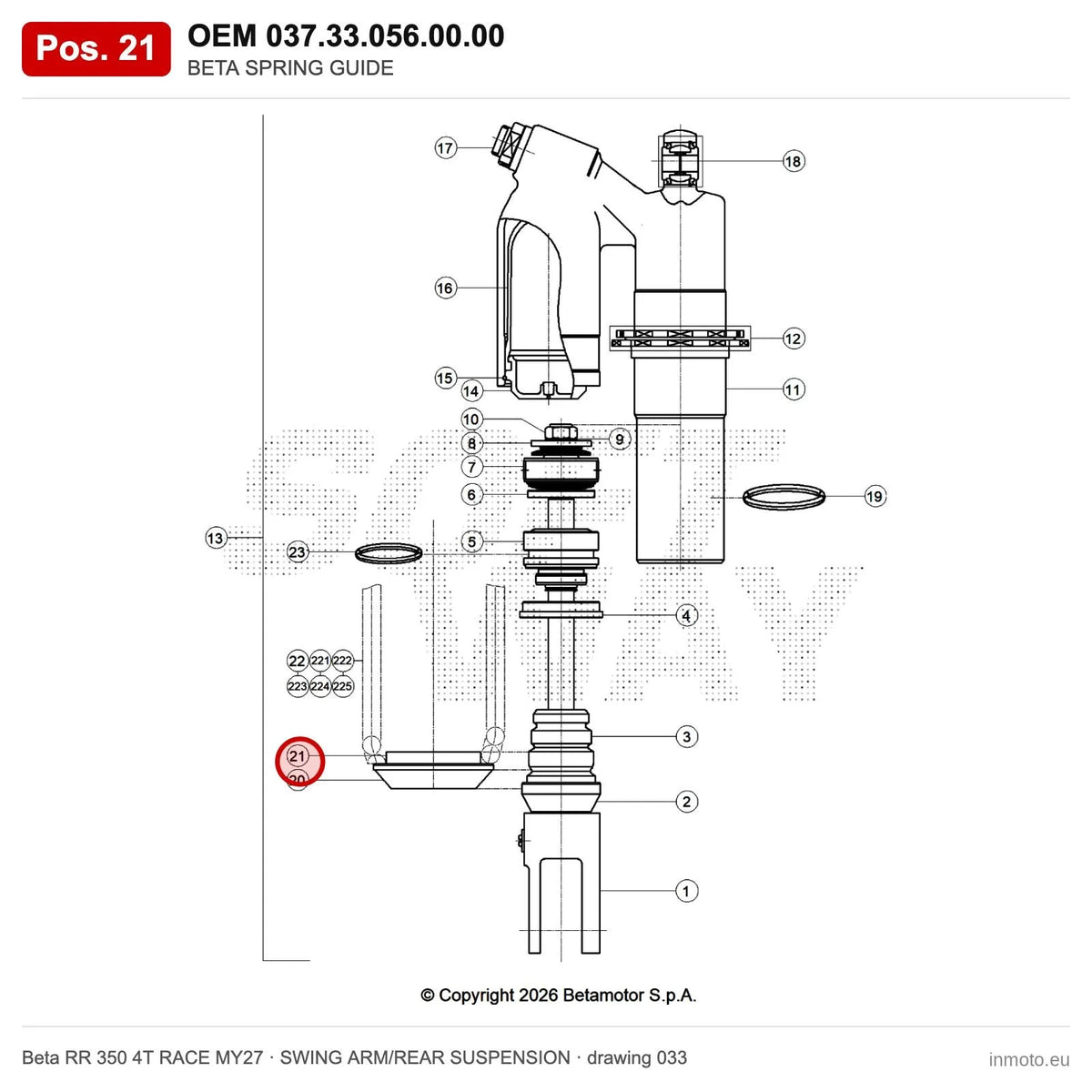 BETA SPRING GUIDE – OEM 037.33.056.00.00, position 21 on the Beta RR 350 4T RACE MY27 swing arm/rear suspension drawing