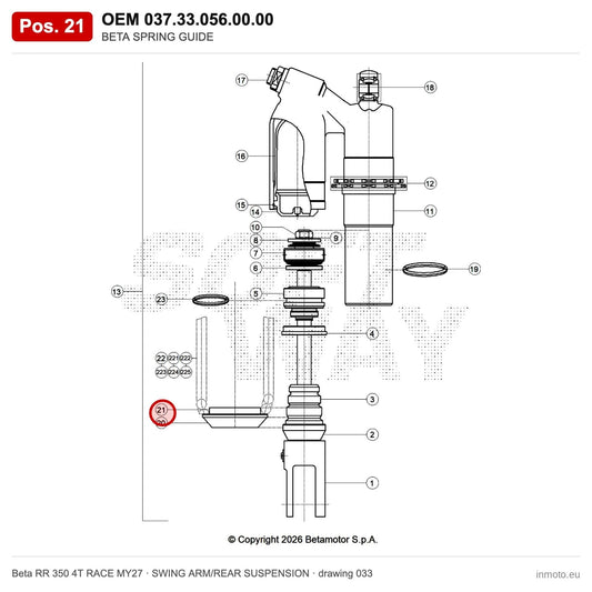 BETA SPRING GUIDE – OEM 037.33.056.00.00, position 21 on the Beta RR 350 4T RACE MY27 swing arm/rear suspension drawing