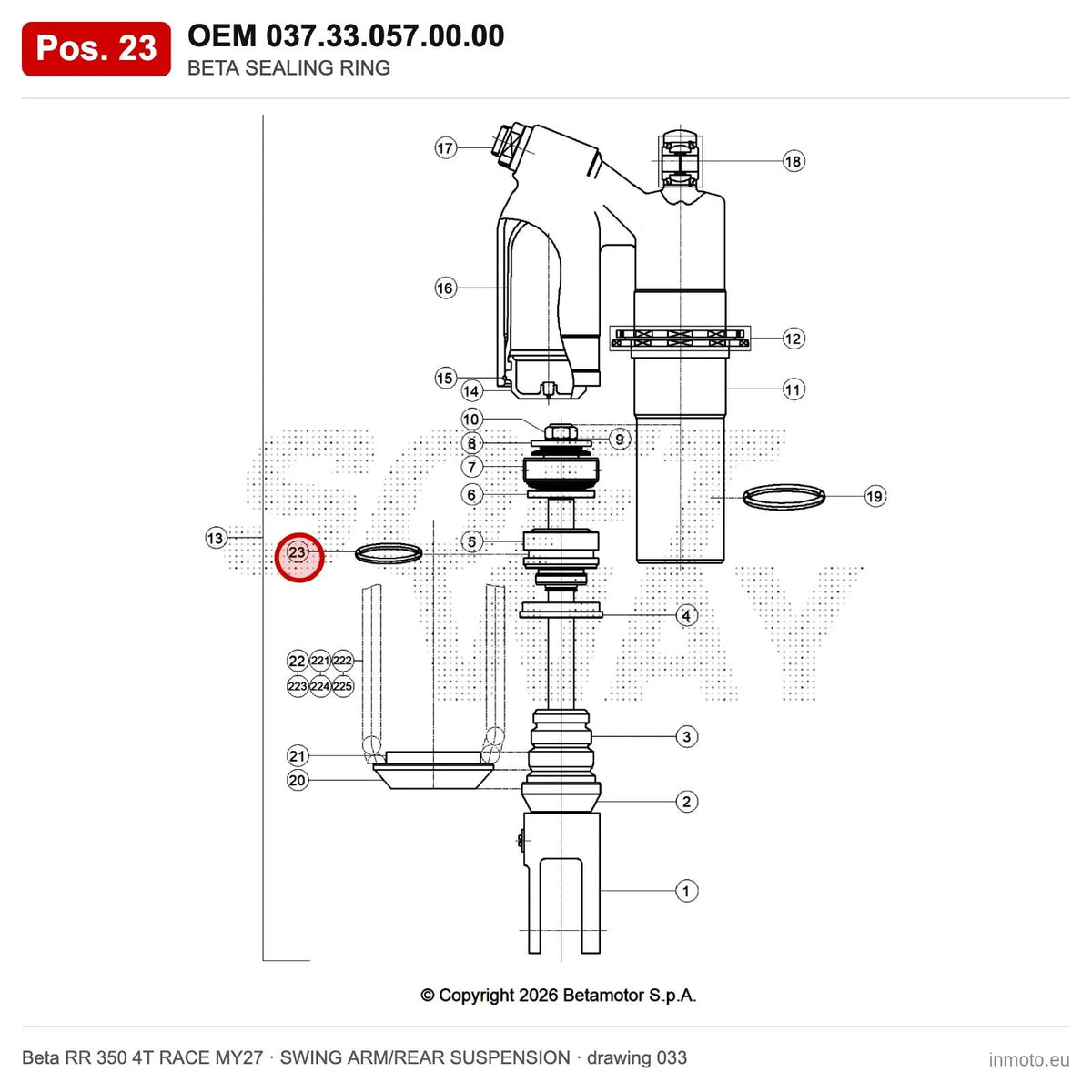 BETA SEALING RING – OEM 037.33.057.00.00, position 23 on the Beta RR 350 4T RACE MY27 swing arm/rear suspension drawing