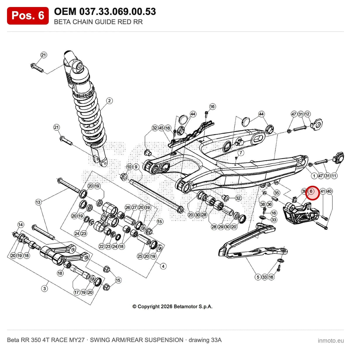 BETA CHAIN GUIDE RED RR – OEM 037.33.069.00.53, position 6 on the Beta RR 350 4T RACE MY27 swing arm/rear suspension drawing
