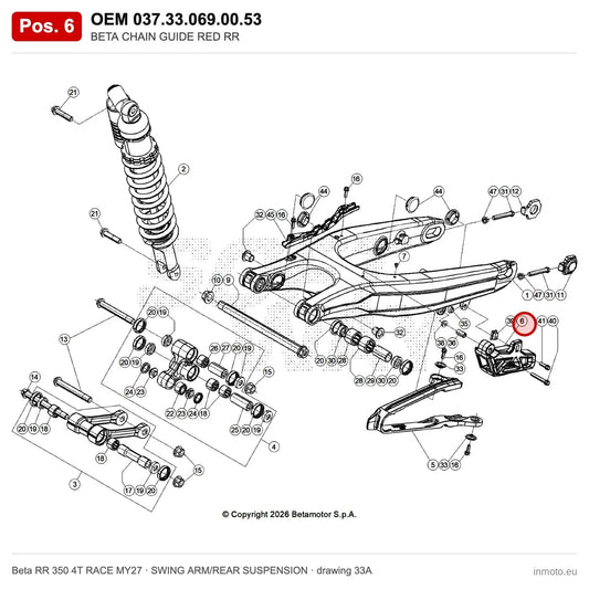 BETA CHAIN GUIDE RED RR – OEM 037.33.069.00.53, position 6 on the Beta RR 350 4T RACE MY27 swing arm/rear suspension drawing