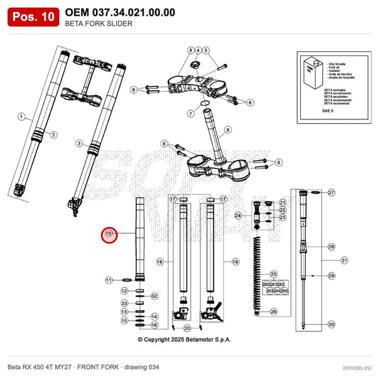 BETA FORK SLIDER – OEM 037.34.021.00.00, position 10 on the Beta RX 450 4T MY27 front fork drawing