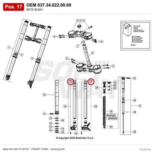 BETA BUSH – OEM 037.34.022.00.00, position 17 on the Beta RX 450 4T MY27 front fork drawing