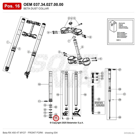 BETA DUST COLLAR – OEM 037.34.027.00.00, position 16 on the Beta RX 450 4T MY27 front fork drawing
