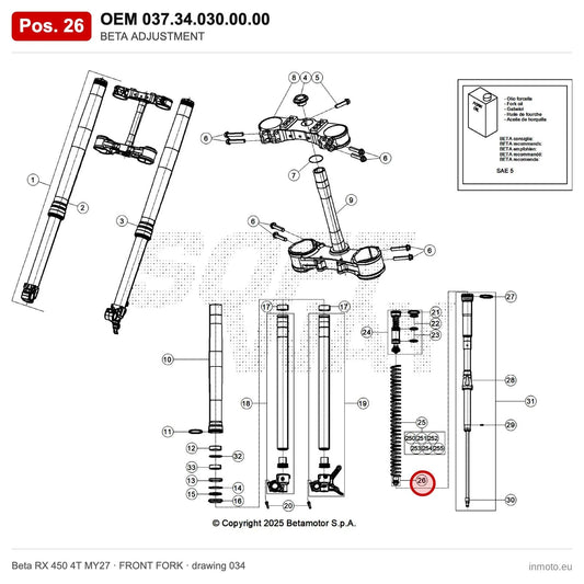 BETA ADJUSTMENT – OEM 037.34.030.00.00, position 26 on the Beta RX 450 4T MY27 front fork drawing