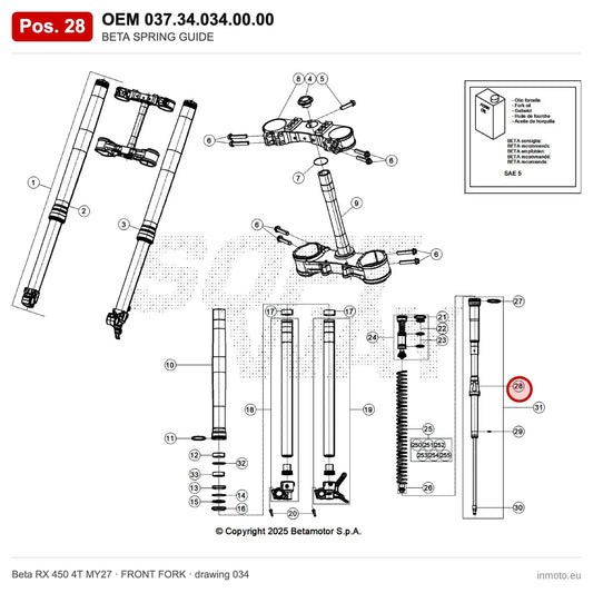 BETA SPRING GUIDE – OEM 037.34.034.00.00, position 28 on the Beta RX 450 4T MY27 front fork drawing