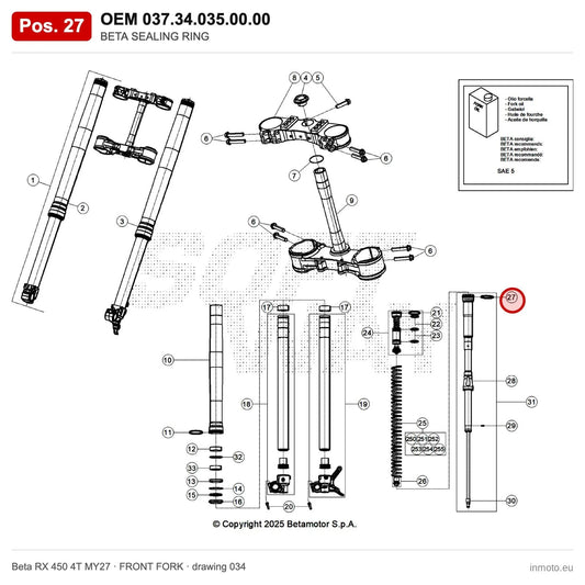 BETA SEALING RING – OEM 037.34.035.00.00, position 27 on the Beta RX 450 4T MY27 front fork drawing