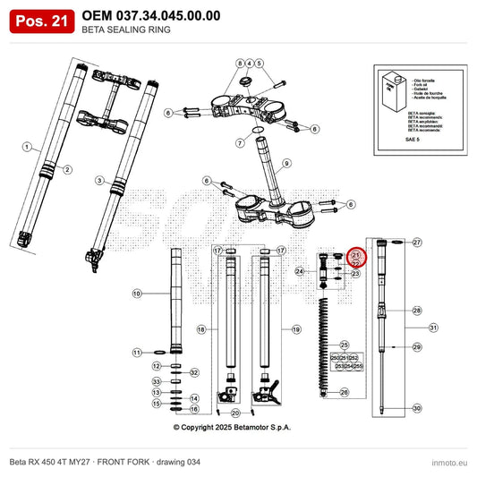 BETA SEALING RING – OEM 037.34.045.00.00, position 21 on the Beta RX 450 4T MY27 front fork drawing