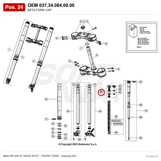 BETA FORK CAP – OEM 037.34.084.00.00, position 24 on the Beta RR 350 4T RACE MY27 front fork drawing