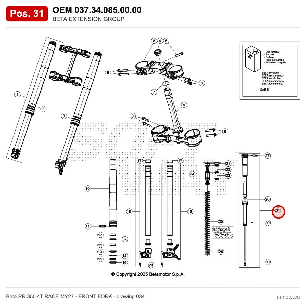 BETA EXTENSION GROUP – OEM 037.34.085.00.00, position 31 on the Beta RR 350 4T RACE MY27 front fork drawing