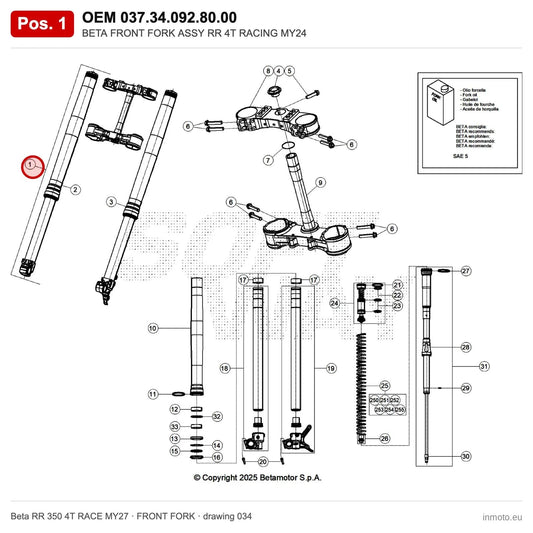 BETA FRONT FORK ASSY RR 4T RACING MY24 – OEM 037.34.092.80.00, position 1 on the Beta RR 350 4T RACE MY27 front fork drawing