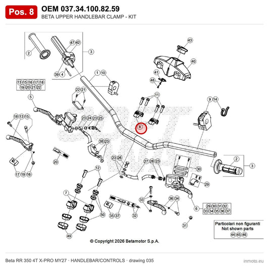 BETA UPPER HANDLEBAR CLAMP - KIT – OEM 037.34.100.82.59, position 8 on the Beta RR 350 4T X-PRO MY27 handlebar/controls drawing
