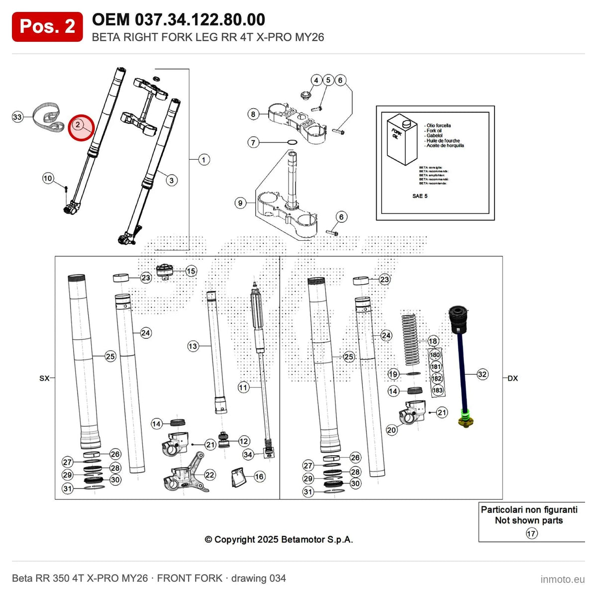 BETA RIGHT FORK LEG RR 4T X-PRO MY26 – OEM 037.34.122.80.00, position 2 on the Beta RR 350 4T X-PRO MY26 front fork drawing