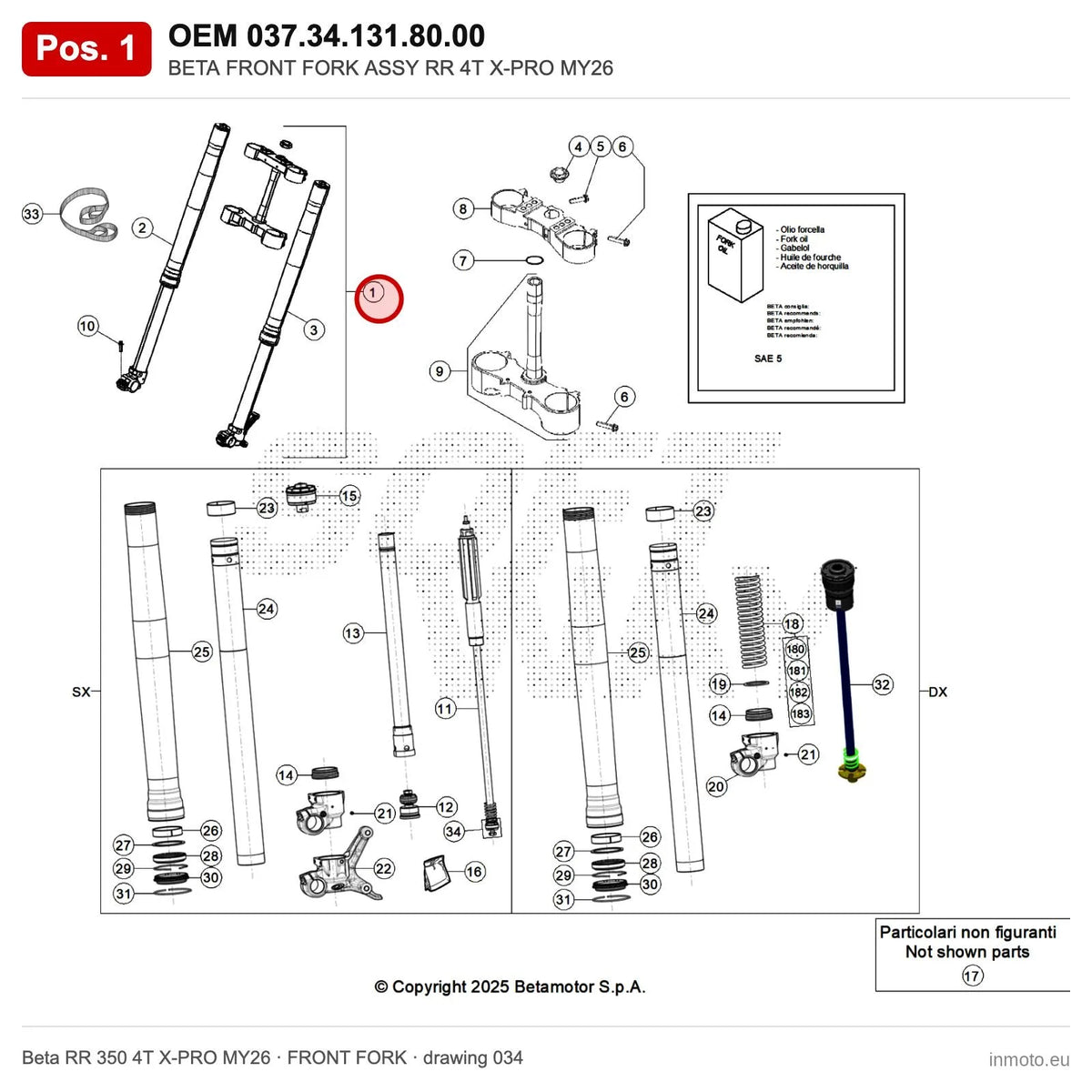 BETA FRONT FORK ASSY RR 4T X-PRO MY26 – OEM 037.34.131.80.00, position 1 on the Beta RR 350 4T X-PRO MY26 front fork drawing