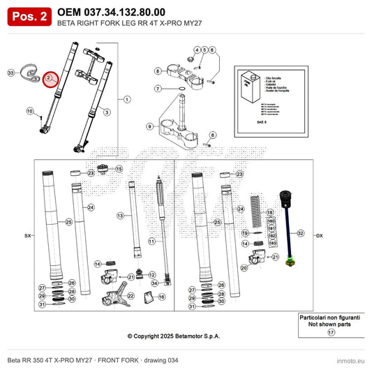 BETA RIGHT FORK LEG RR 4T X-PRO MY27 – OEM 037.34.132.80.00, position 2 on the Beta RR 350 4T X-PRO MY27 front fork drawing