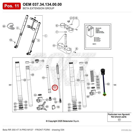 BETA EXTENSION GROUP – OEM 037.34.134.00.00, position 11 on the Beta RR 350 4T X-PRO MY27 front fork drawing