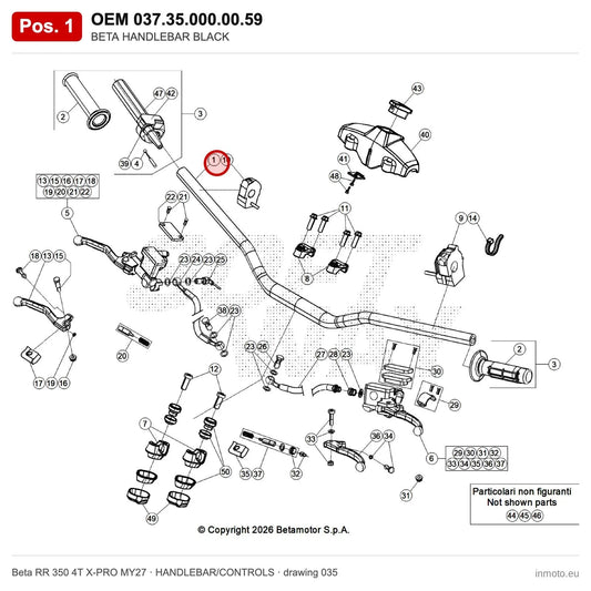 BETA HANDLEBAR BLACK – OEM 037.35.000.00.59, position 1 on the Beta RR 350 4T X-PRO MY27 handlebar/controls drawing