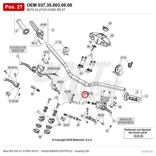 BETA CLUTCH HOSE RR 4T – OEM 037.35.003.00.00, position 27 on the Beta RR 350 4T X-PRO MY27 handlebar/controls drawing