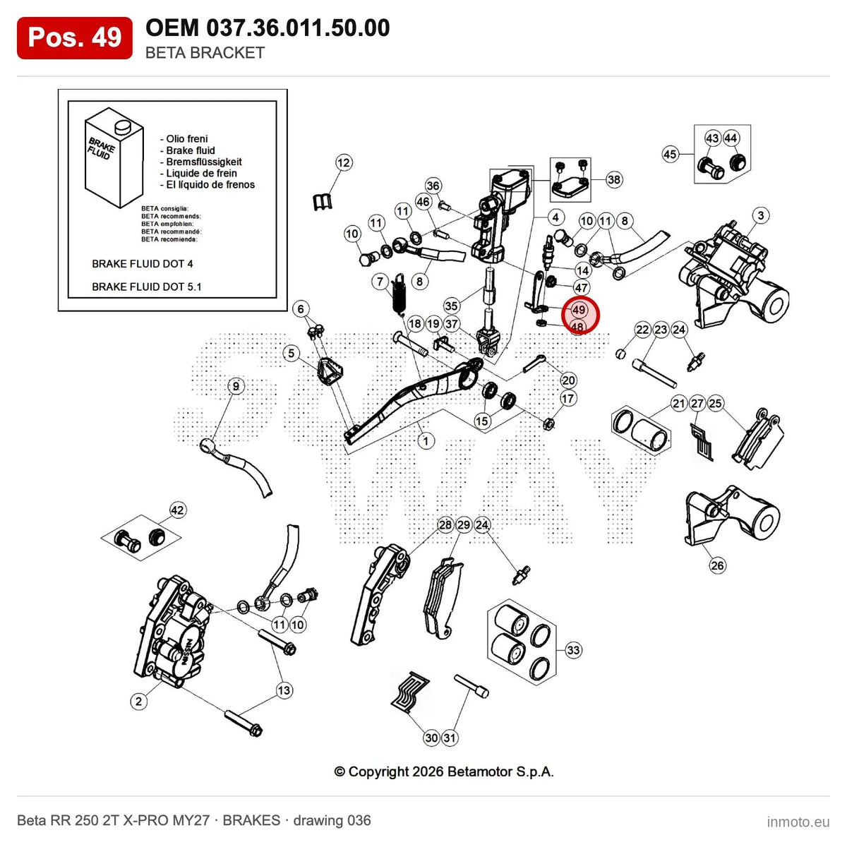 BETA SWITCH BRACKET – OEM 037.36.011.50.00, position 49 on the Beta RR 250 2T X-PRO MY27 brakes drawing