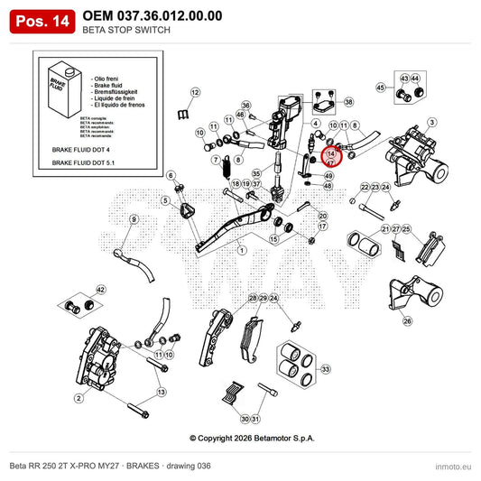 BETA TURN OFF SWITCH – OEM 037.36.012.00.00, position 14 on the Beta RR 250 2T X-PRO MY27 brakes drawing
