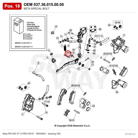BETA SPECIAL BOLT – OEM 037.36.015.00.00, position 18 on the Beta RR 250 2T X-PRO MY27 brakes drawing