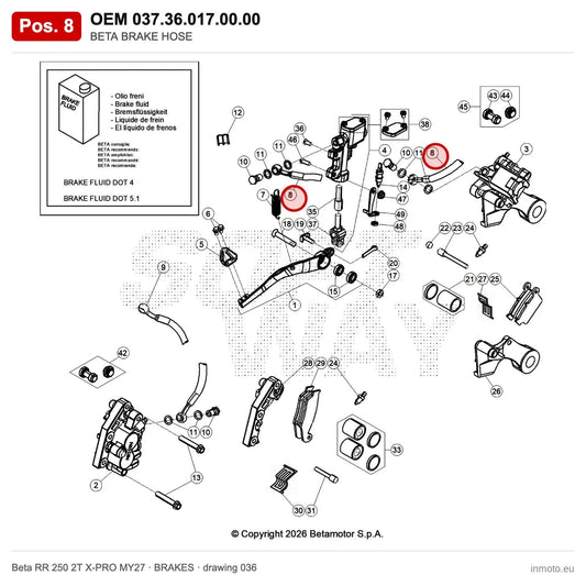 BETA BRAKE HOSE_1 – OEM 037.36.017.00.00, position 8 on the Beta RR 250 2T X-PRO MY27 brakes drawing