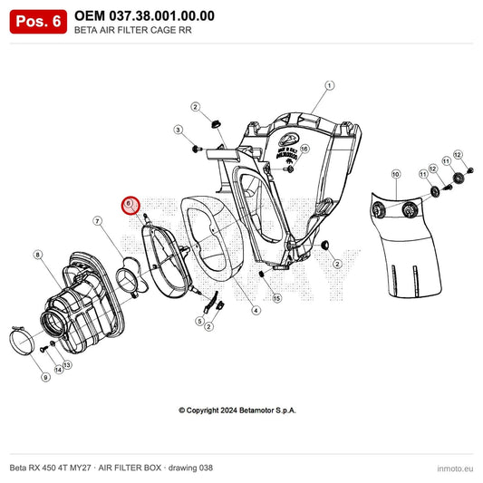 BETA AIR FILTER CAGE RR – OEM 037.38.001.00.00, position 6 on the Beta RX 450 4T MY27 air filter box drawing