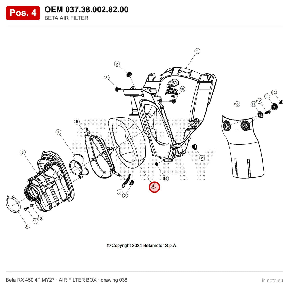 BETA AIR FILTER – OEM 037.38.002.82.00, position 4 on the Beta RX 450 4T MY27 air filter box drawing