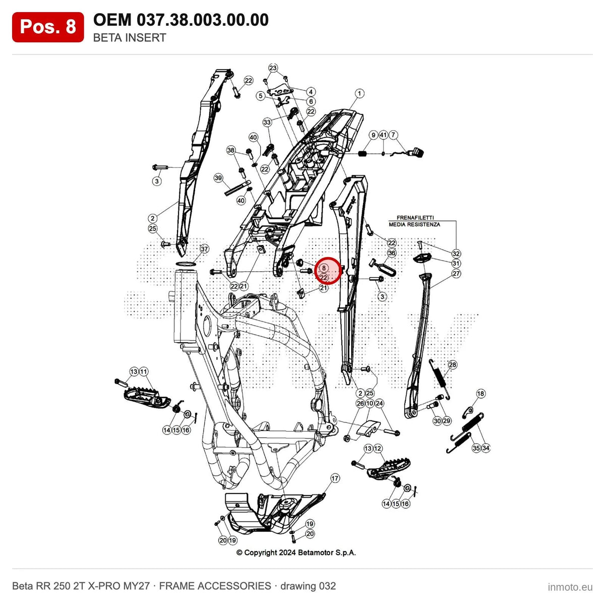 BETA INSERT – OEM 037.38.003.00.00, position 8 on the Beta RR 250 2T X-PRO MY27 frame accessories drawing