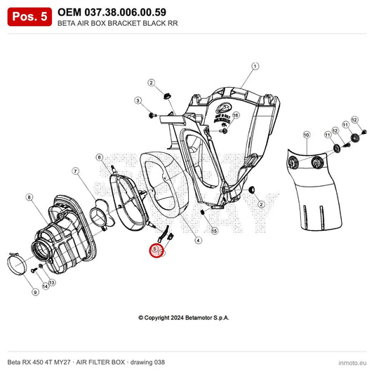 BETA AIR BOX BRACKET BLACK RR – OEM 037.38.006.00.59, position 5 on the Beta RX 450 4T MY27 air filter box drawing